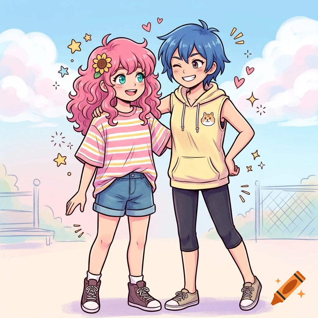An anime-style illustration of two smiling young friends standing together outdoors against a blue sky with fluffy clouds, surrounded by decorative stars and hearts.