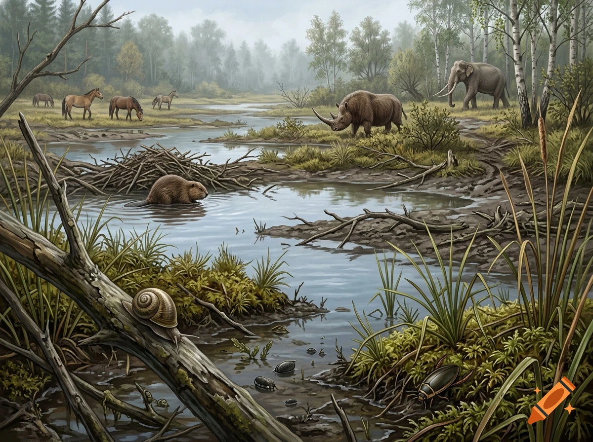 Detailed digital painting of a Quaternary wetland ecosystem with prehistoric animals, a beaver, snail, and woolly rhinoceros.
