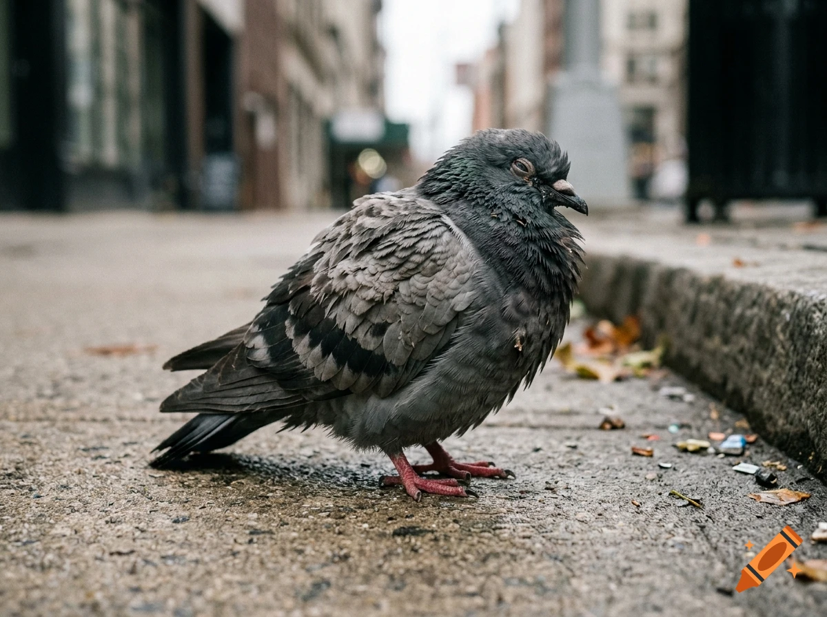 Photorealistic close-up of a pigeon standing on a concrete sidewalk in an urban setting.