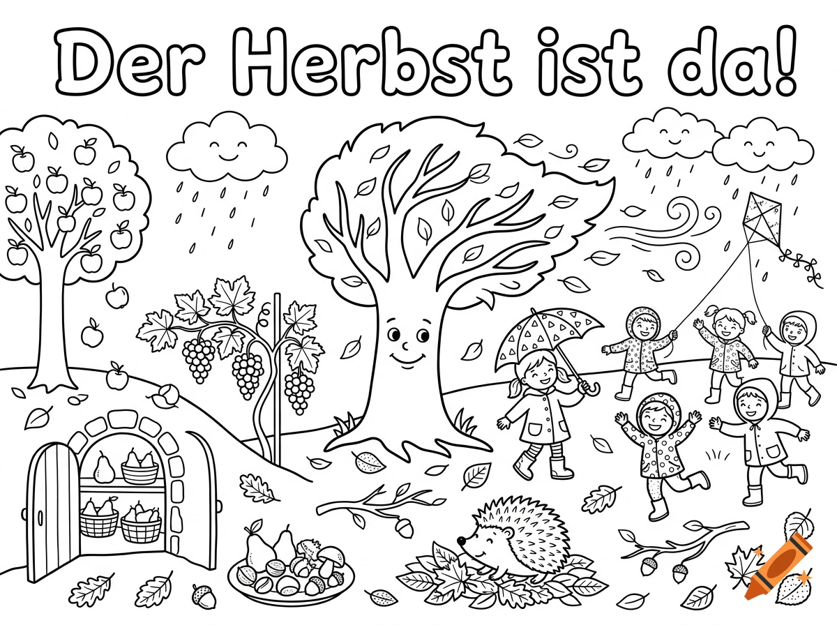 A black and white coloring page depicting autumn scenes with children playing, trees, fruit, and the text Der Herbst ist da!