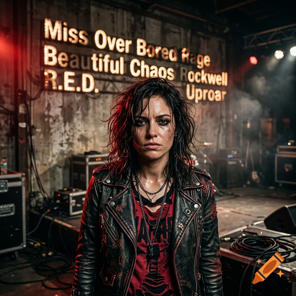 Photorealistic portrait of a sweating woman with dark hair in a leather jacket standing in a concert venue with text on the wall.