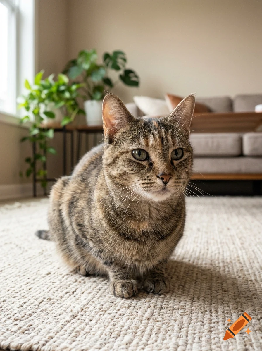 A brown tabby cat sitting on a light-colored rug in a living room.