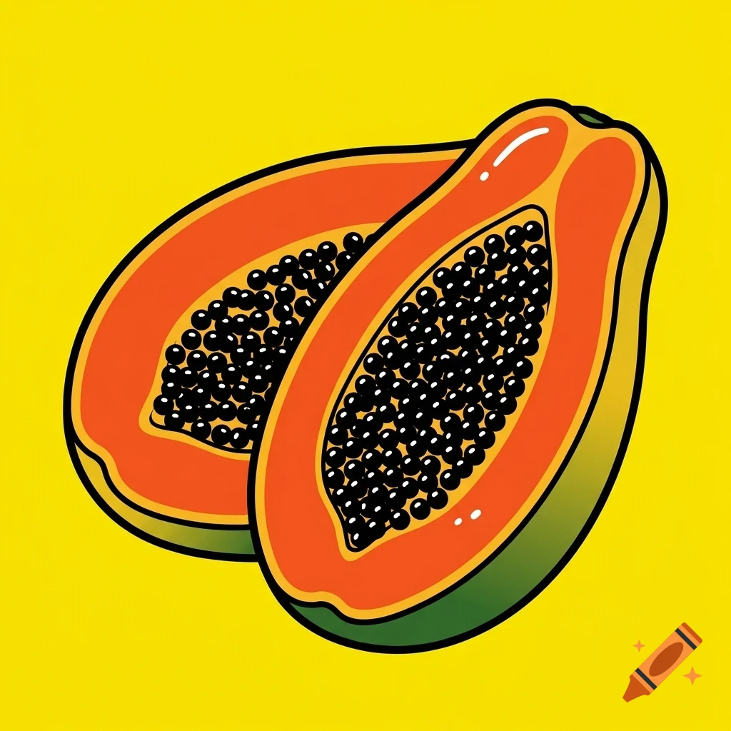 Illustration of two sliced halves of papaya showing orange flesh and black seeds against a solid yellow background.