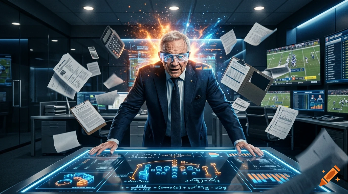 An older man in a suit leans over a glowing futuristic desk in a command center, surrounded by floating documents and data displays.