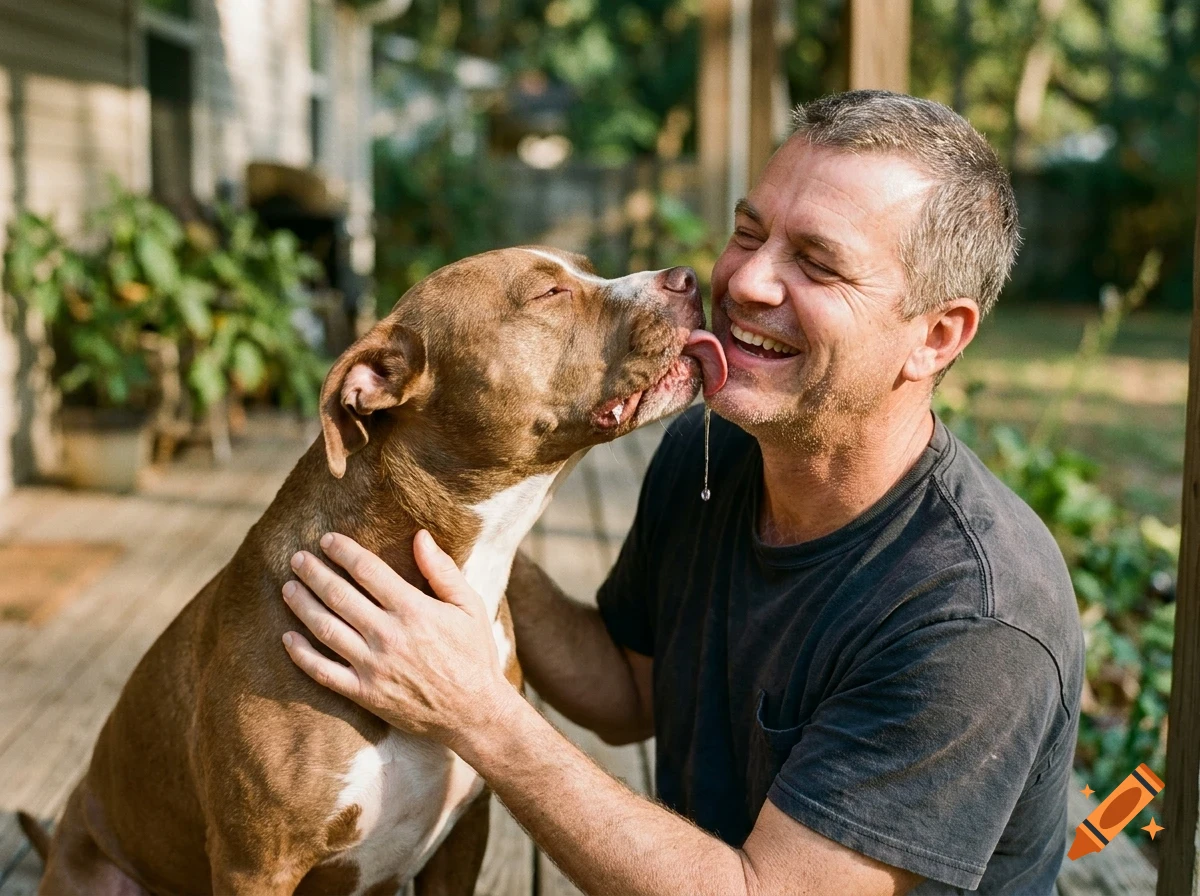 A man smiling as a brown dog licks his face on a wooden porch.