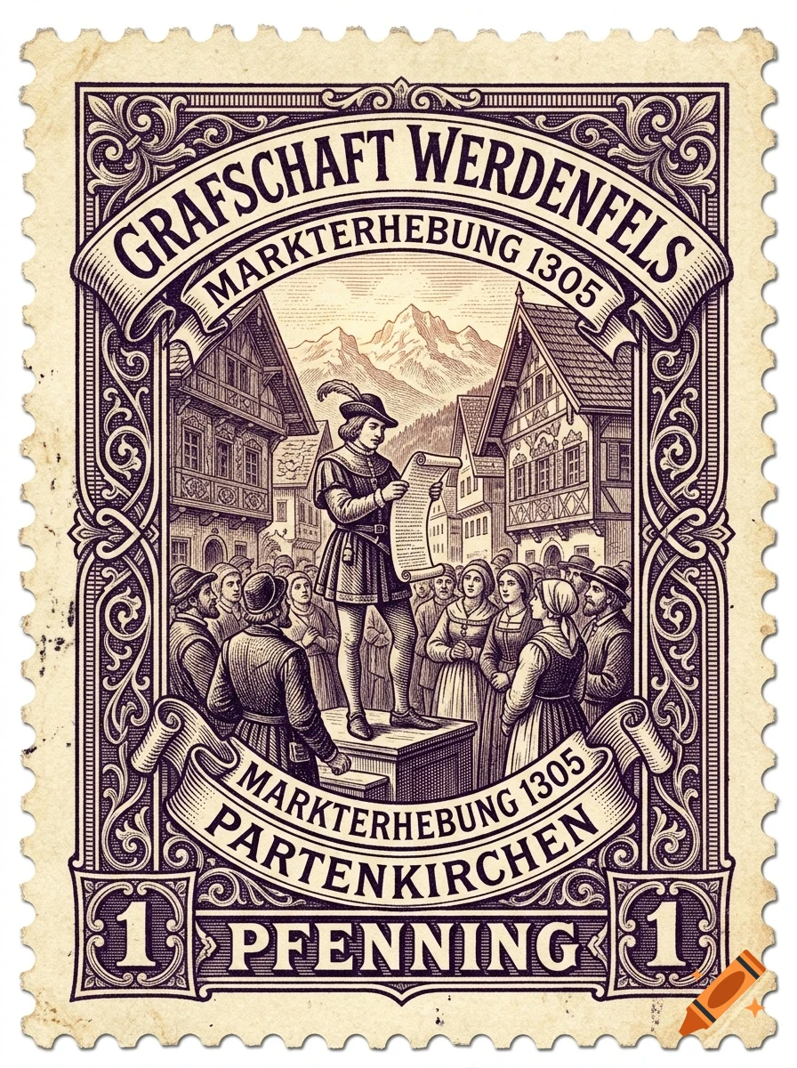 A vintage postage stamp in purple and cream tones featuring an engraved illustration of a man reading a scroll to a crowd in a historic town square with mountains in the background, surrounded by ornate decorative borders and lettering.