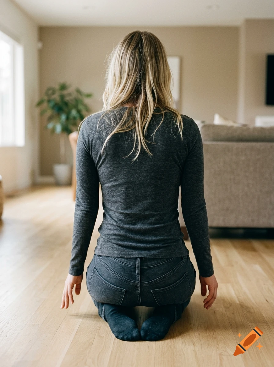 Photorealistic rear view of a blonde woman kneeling on a wooden floor in a living room.