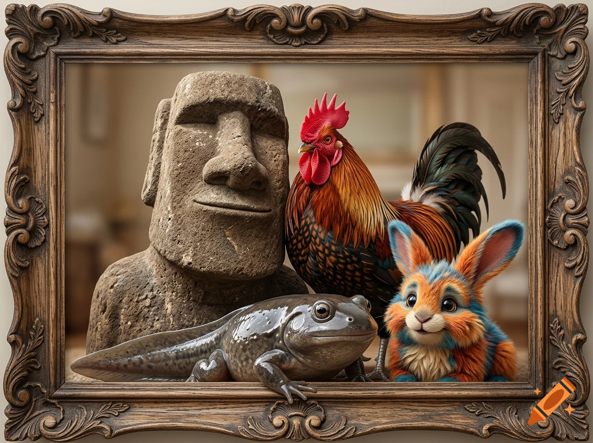 A stylized family portrait of a stone Moai, a rooster, a tadpole, and a fluffy colorful creature, framed in an ornate wooden frame.