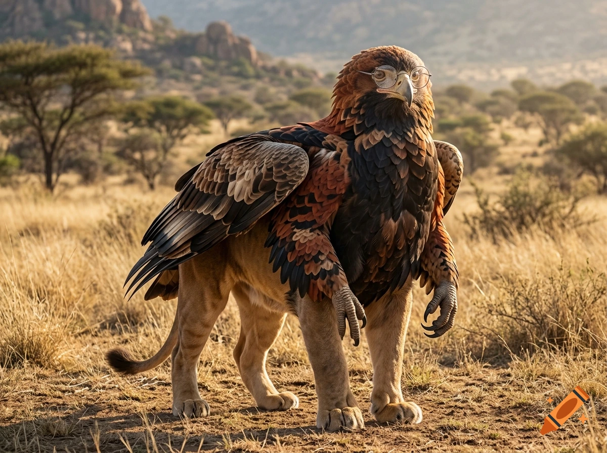 Photorealistic image of a female griffin with a Bateleur eagle head wearing glasses and a Barbary lion body, standing in a savanna landscape.