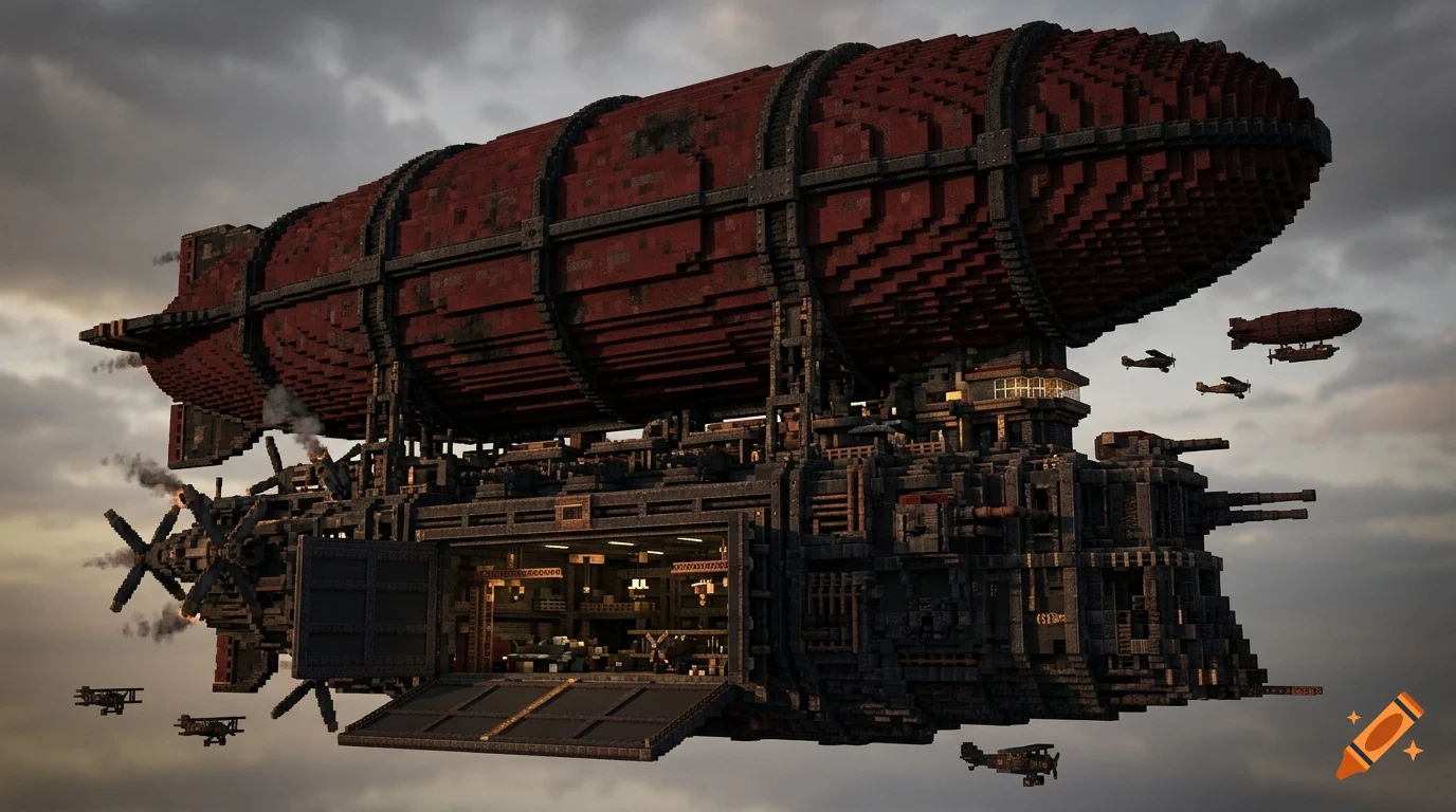 A massive voxel-based steampunk airship with a large red balloon and a detailed hangar bay is flying through a cloudy sky, accompanied by smaller aircraft.