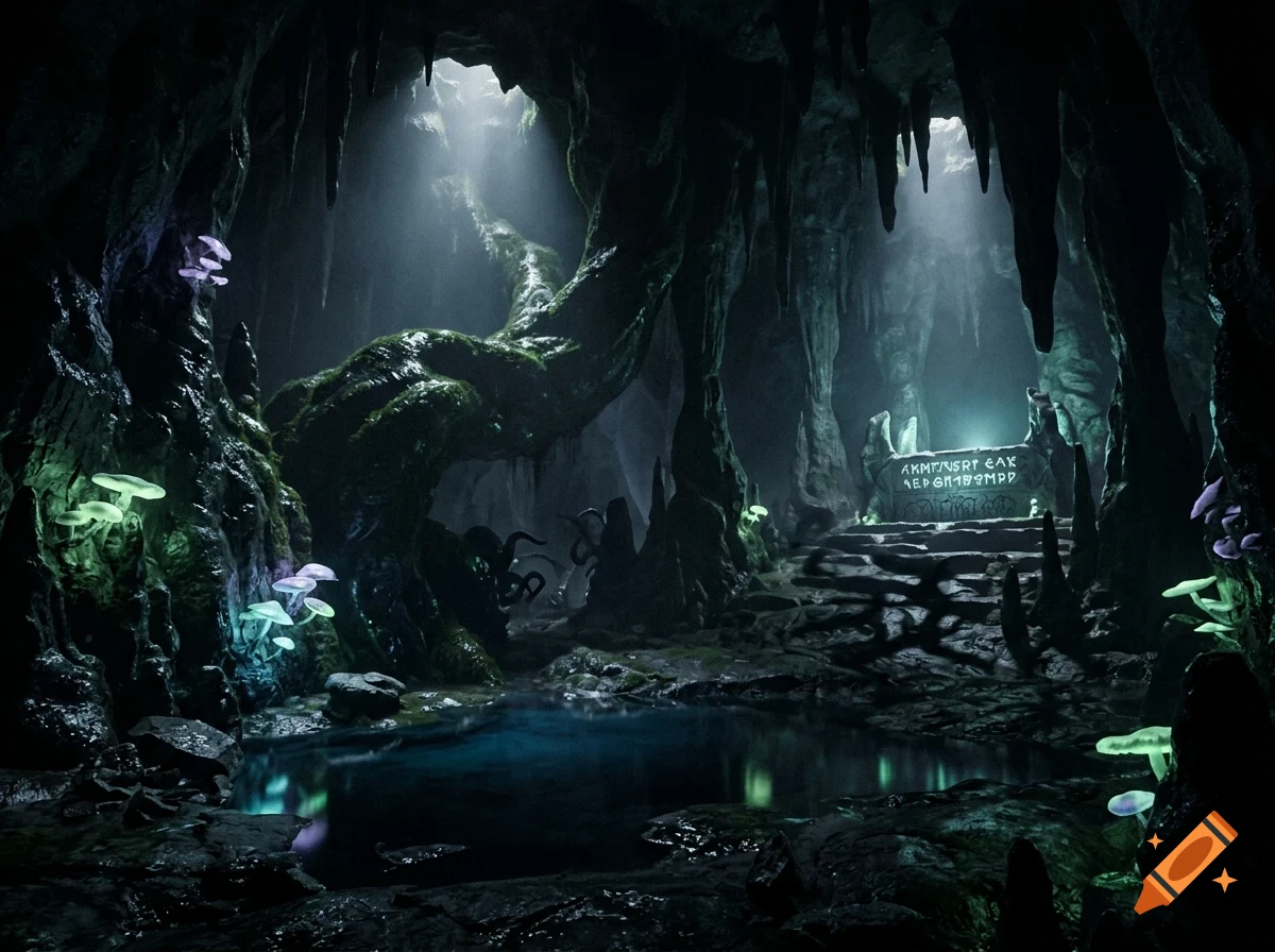 A mystical underground cave with glowing mushrooms, stalactites, a dark pool of water, and a stone altar inscribed with runes under shafts of light.