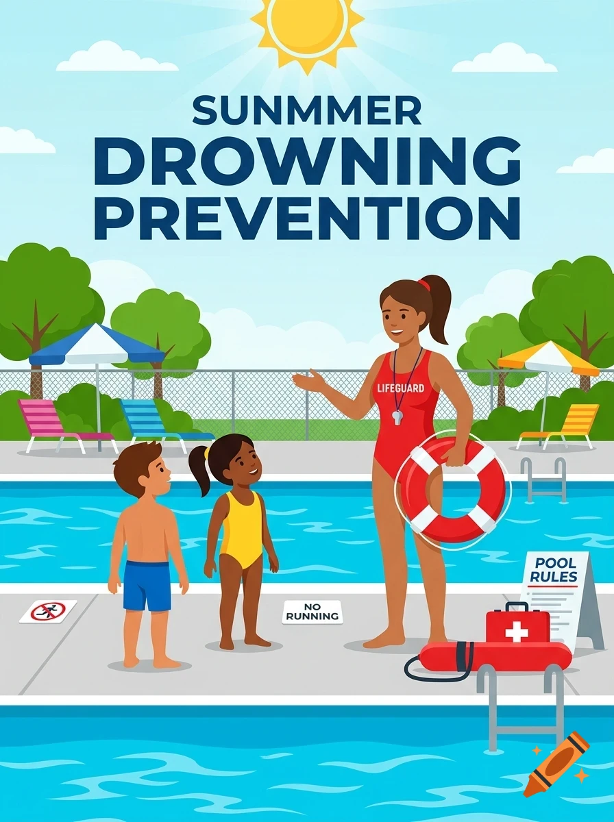 A poster about summer drowning prevention featuring a lifeguard talking to two children by a swimming pool.