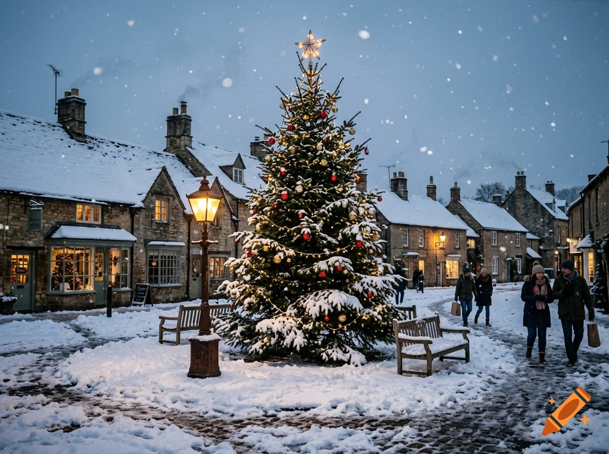 Photorealistic snowy village square decorated for Christmas with a large lit tree and people walking past stone cottages.