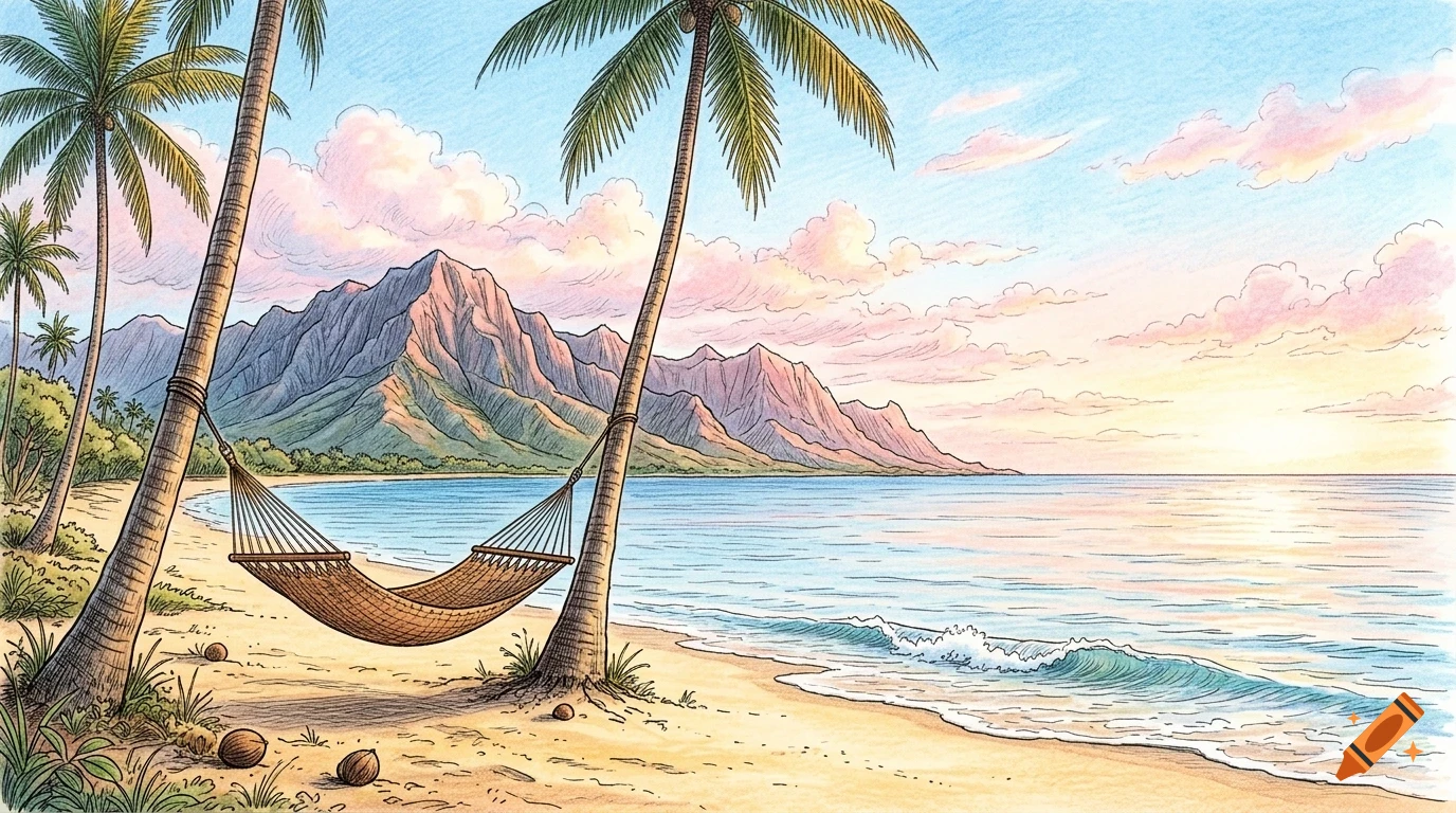 Colored pencil drawing of a tropical beach at sunset with a hammock tied between two palm trees, calm ocean water, and distant mountains.