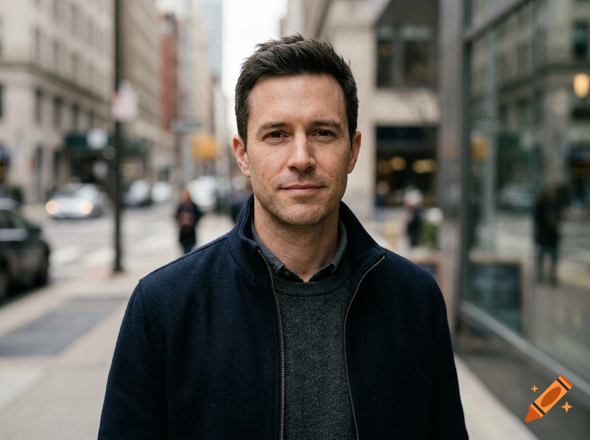 Photorealistic medium shot of a man with short dark hair standing on a city street, wearing a dark coat.
