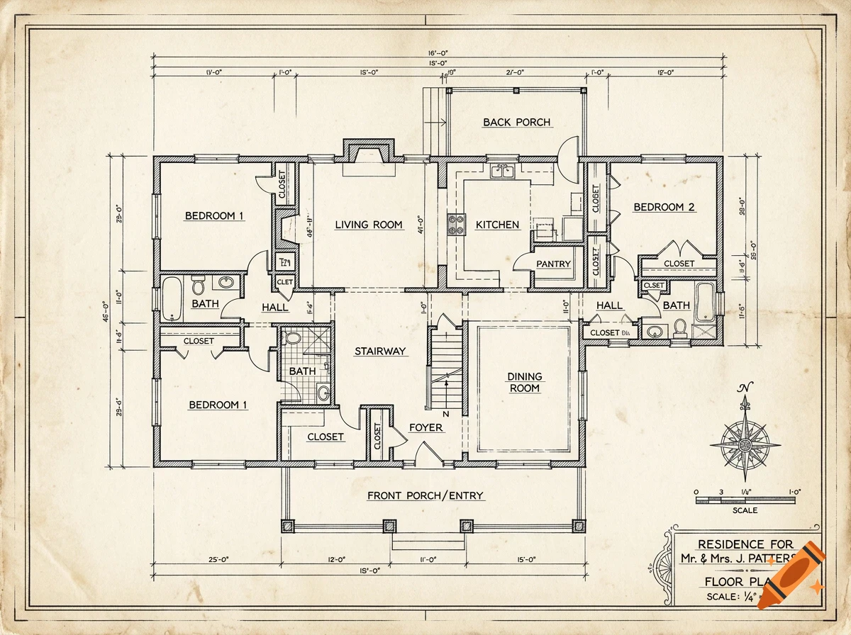 An architectural blueprint of a residential floor plan featuring a living room, kitchen, bedrooms, bathrooms, and porches.