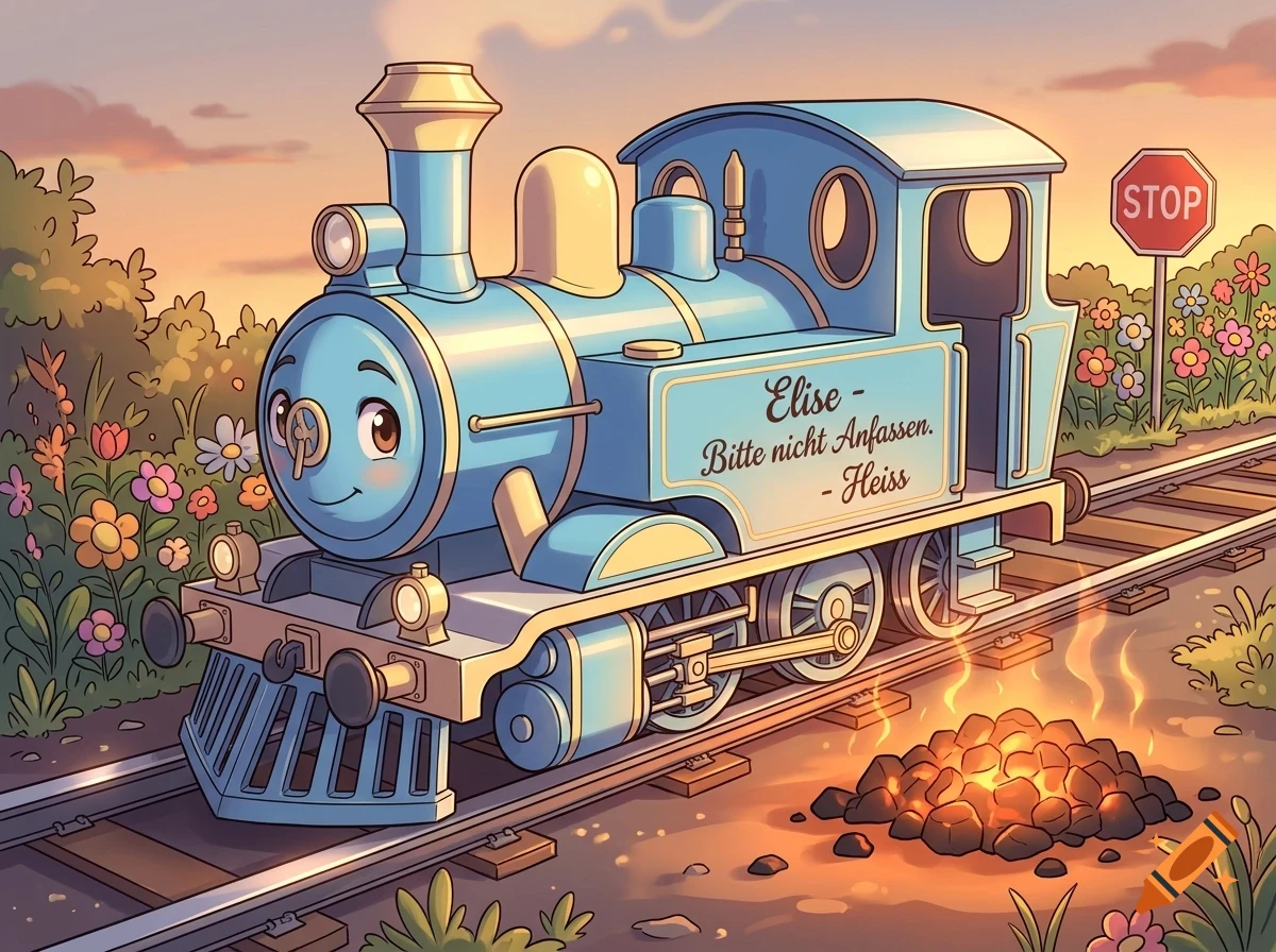An illustrated anthropomorphic blue steam locomotive with a smiling face stands on train tracks surrounded by flowers and a stop sign, with a pile of glowing hot coals nearby.