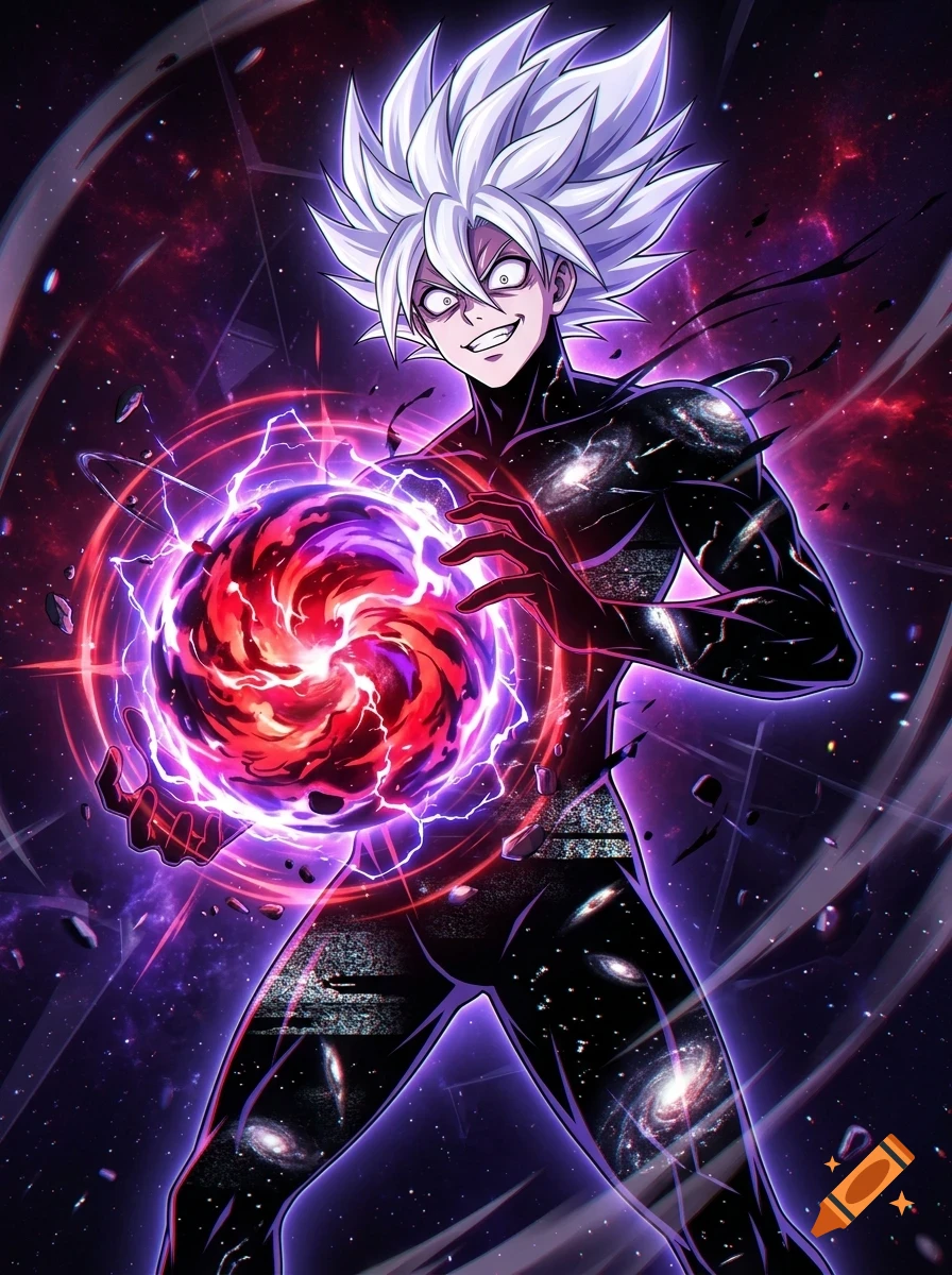 An anime-style character with white hair and glowing eyes wields a swirling, energetic sphere of purple and red energy against a cosmic background.