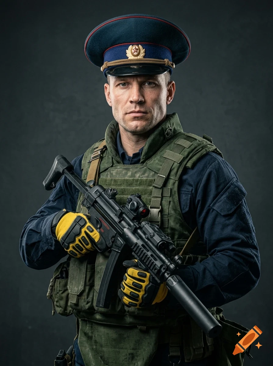 A man in a military uniform and tactical vest holding a rifle against a dark background.