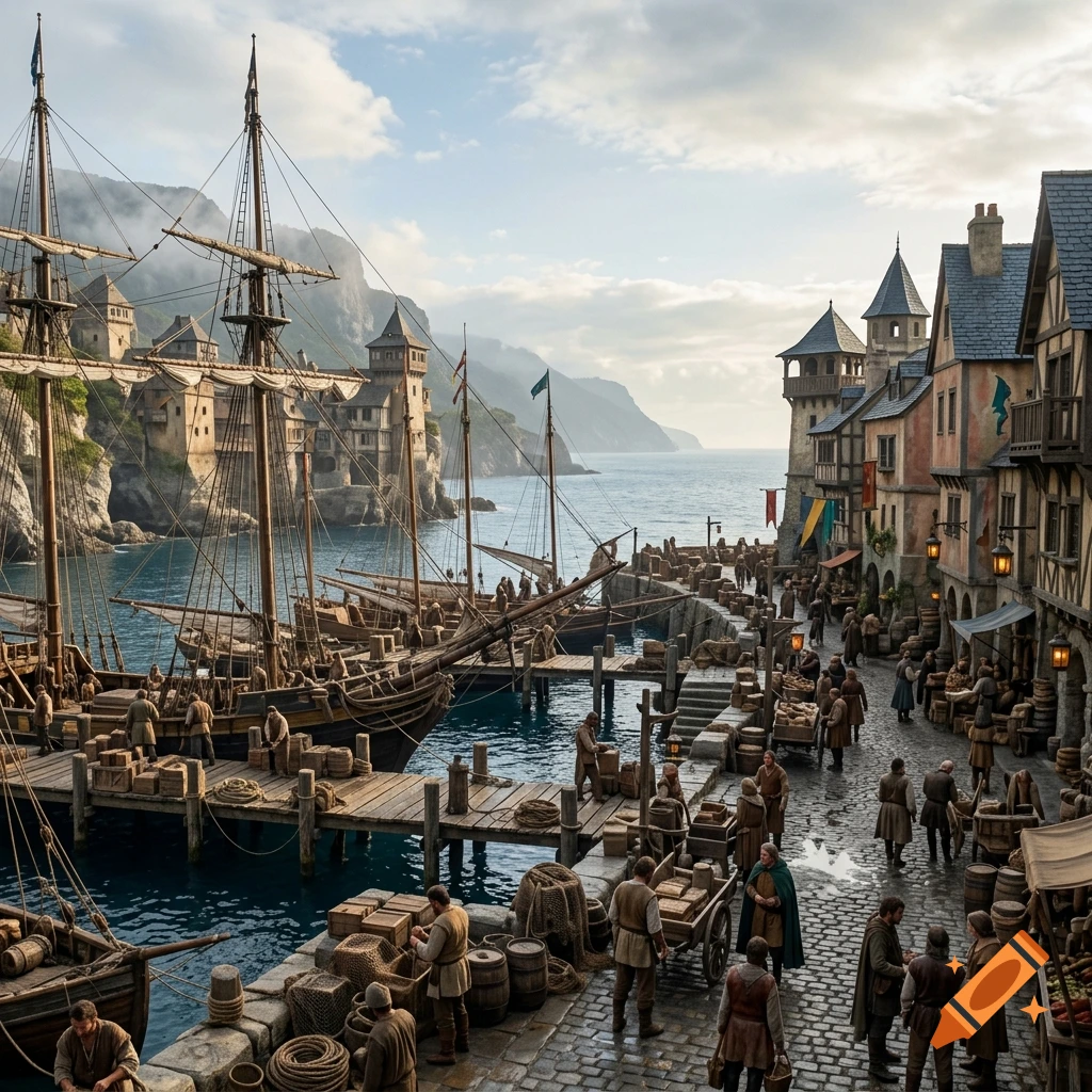 Photorealistic fantasy harbor scene with wooden docks, tall sailing ships, medieval buildings, and villagers.