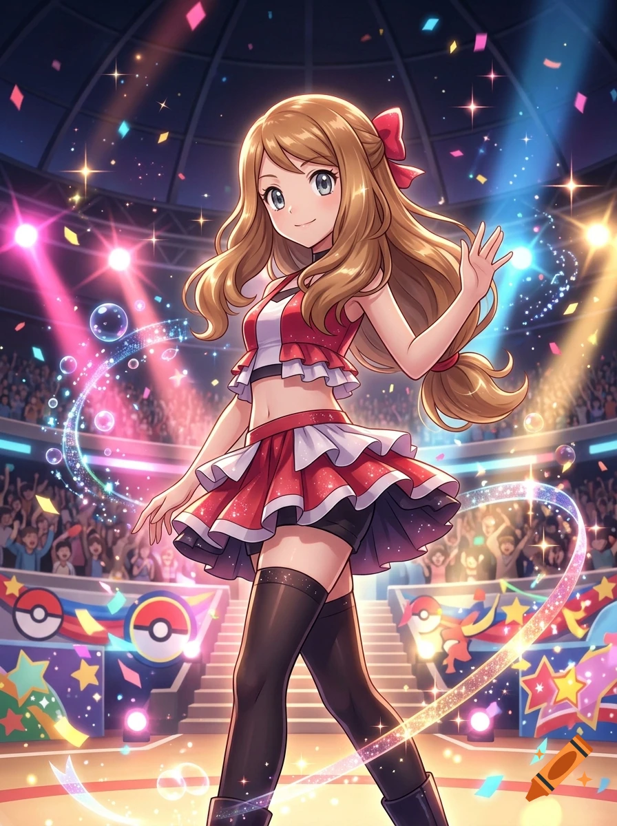Anime style illustration of Serena from Pokémon wearing a red and white crop top and skirt performing in a crowded arena.