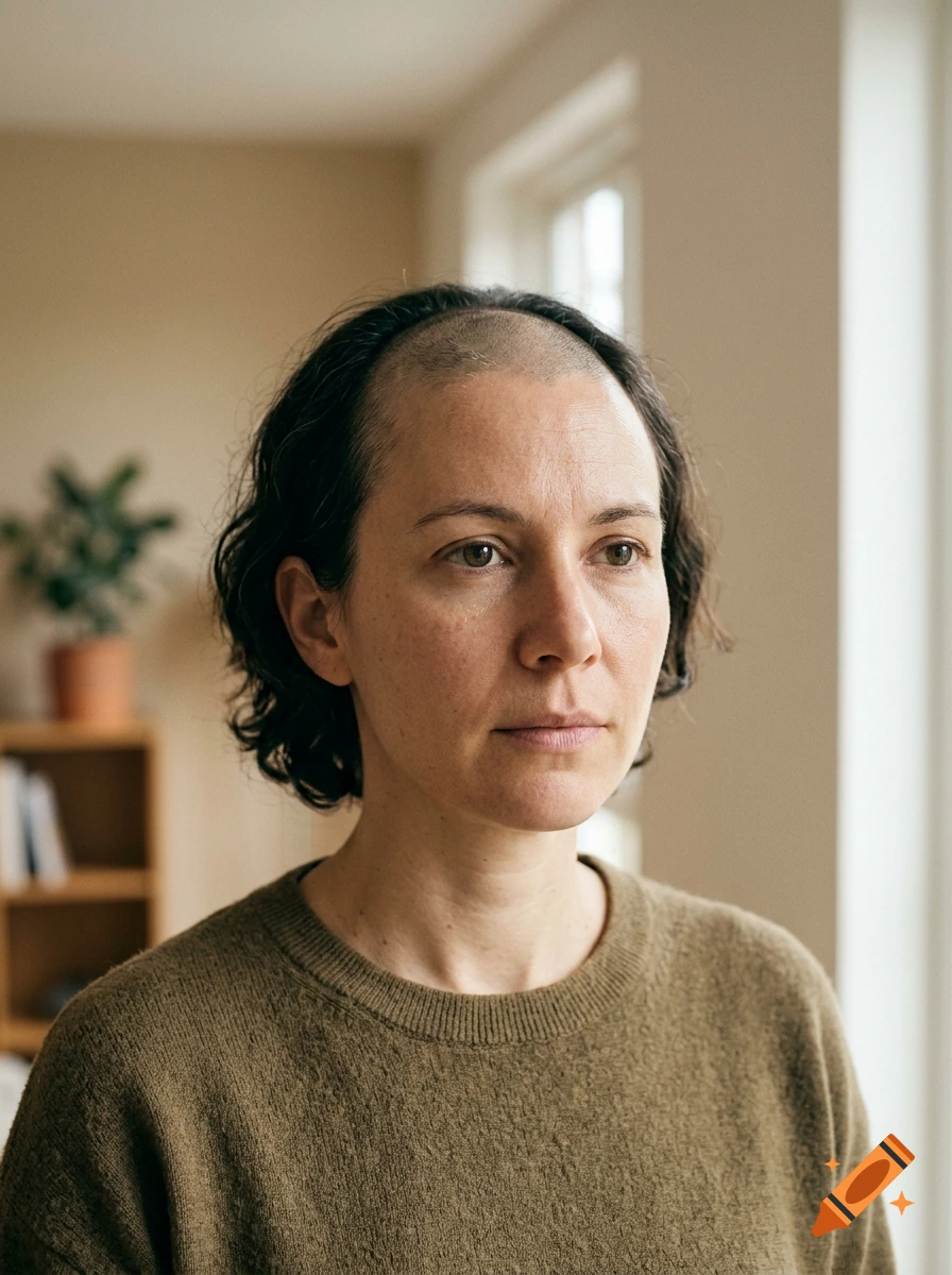 Close-up photorealistic portrait of a woman with a tonsure hairstyle wearing a brown sweater indoors.