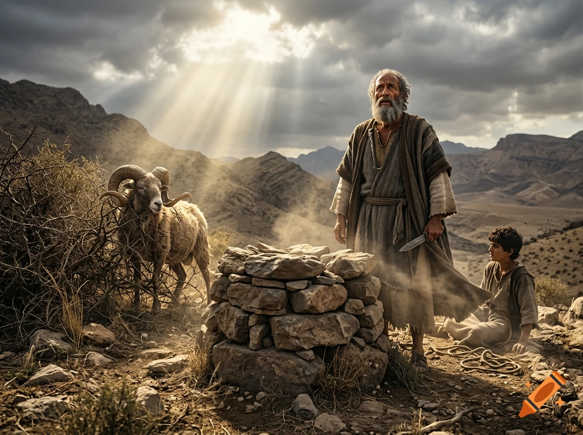 Photorealistic scene of Abraham with a knife standing near a stone altar and a ram in a rocky landscape with dramatic sunlight.