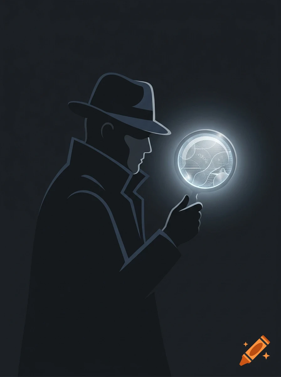 A silhouette of a detective wearing a hat and coat holding a glowing magnifying glass in the dark.