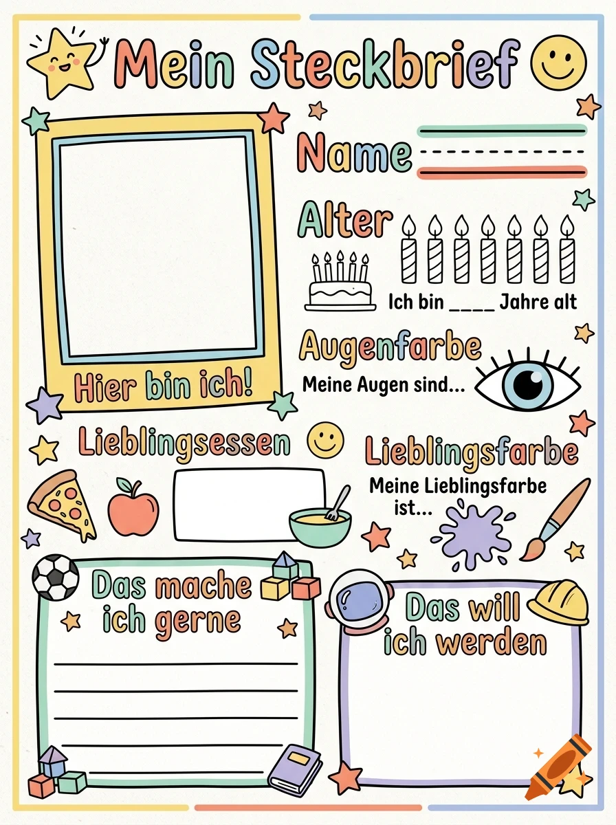 An illustrated German profile template sheet titled 'Mein Steckbrief' with fill-in sections for name, age, eye color, favorite food, and hobbies in a cute cartoon style.