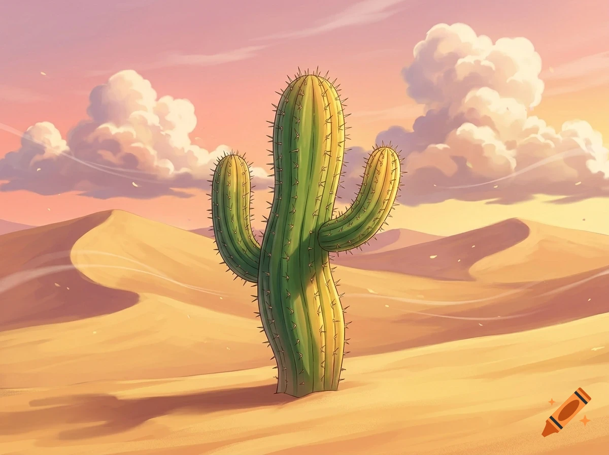 A large green saguaro cactus stands prominently in the middle of a desert sand dune landscape under a pink and yellow sunset sky with fluffy clouds.