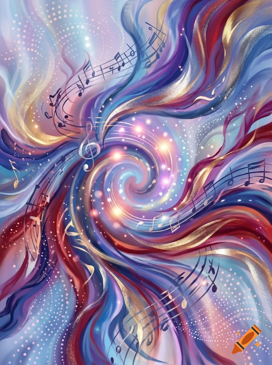 An abstract, colorful swirl background featuring musical notes, glowing lights, and flowing waves of blue, purple, red, and gold.