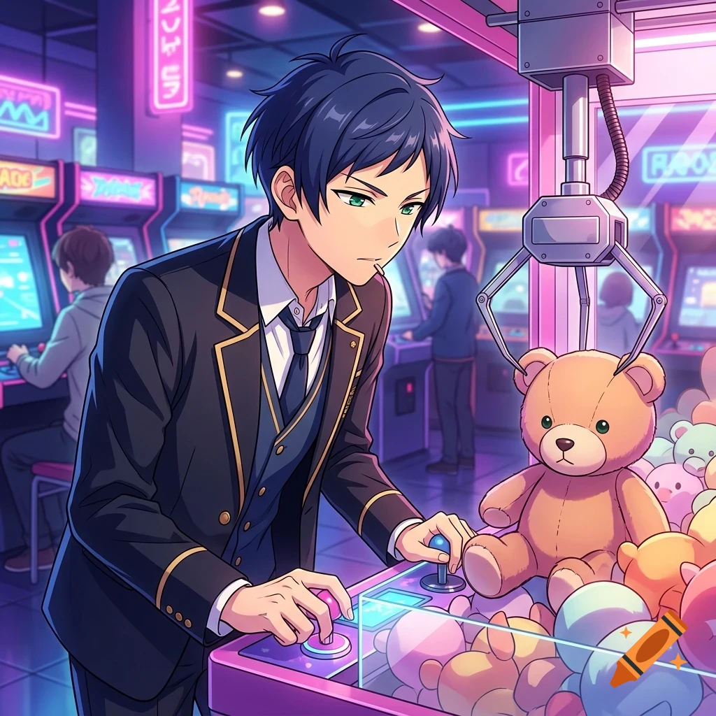 An anime-style illustration of a young man in a school uniform playing a claw machine in a brightly lit arcade.