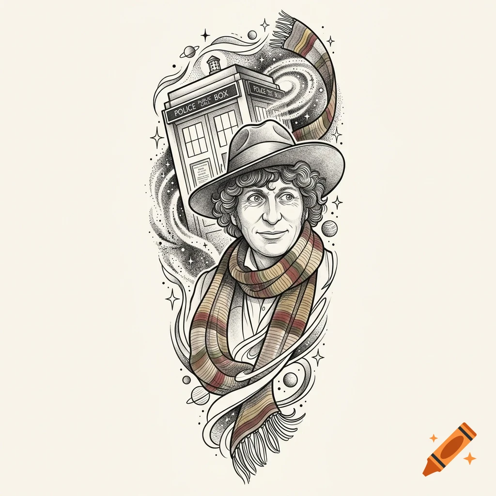 An ink-style illustration of a smiling man in a hat and striped scarf, with a police box and swirling space motifs in the background.