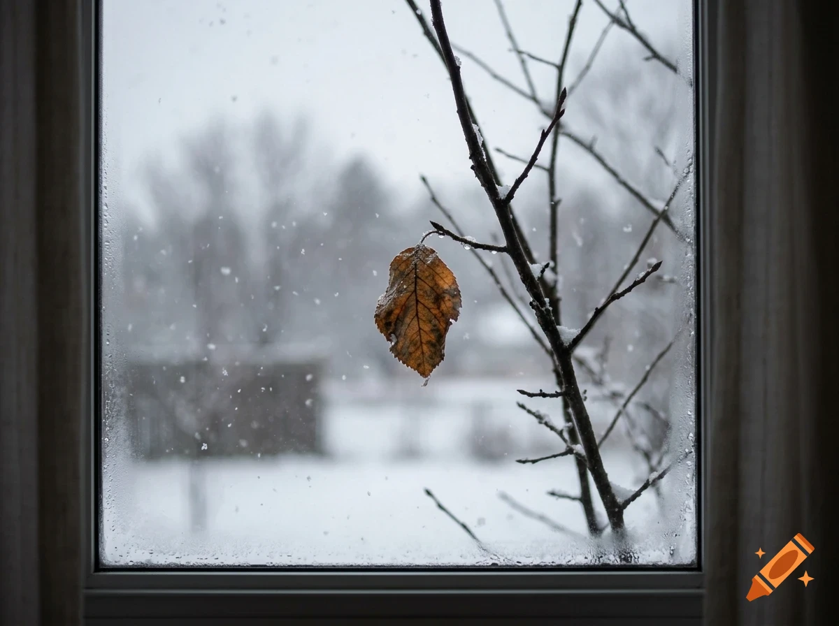 A lone withered brown leaf clings to a snow-dusted branch outside a frosted window during a snowy winter day.