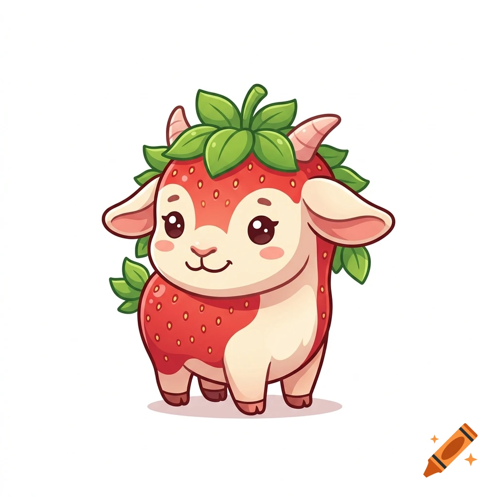 Cute cartoon strawberry goat with leaves and horns on a white background.