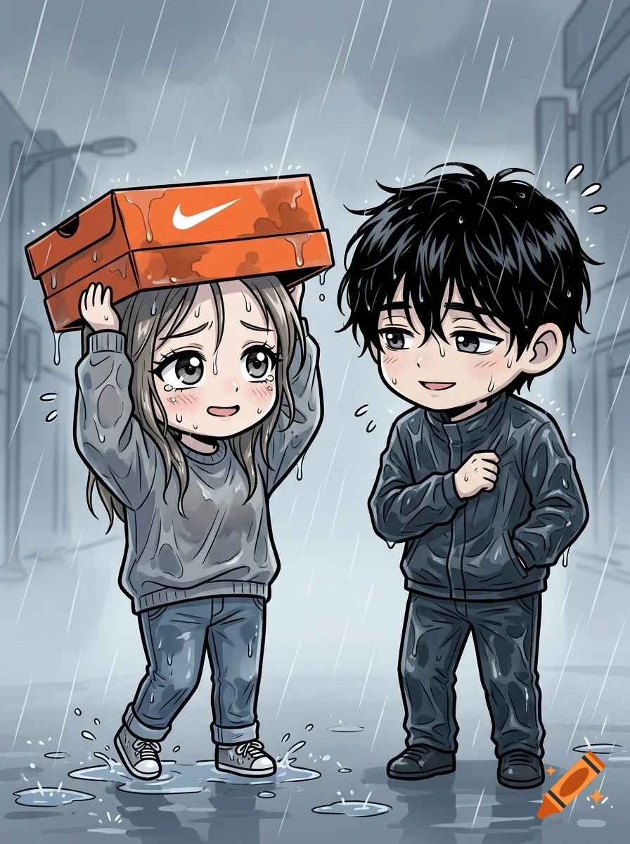 An anime-style illustration of a young couple walking in the rain, with the girl holding an orange shoebox over her head to stay dry.