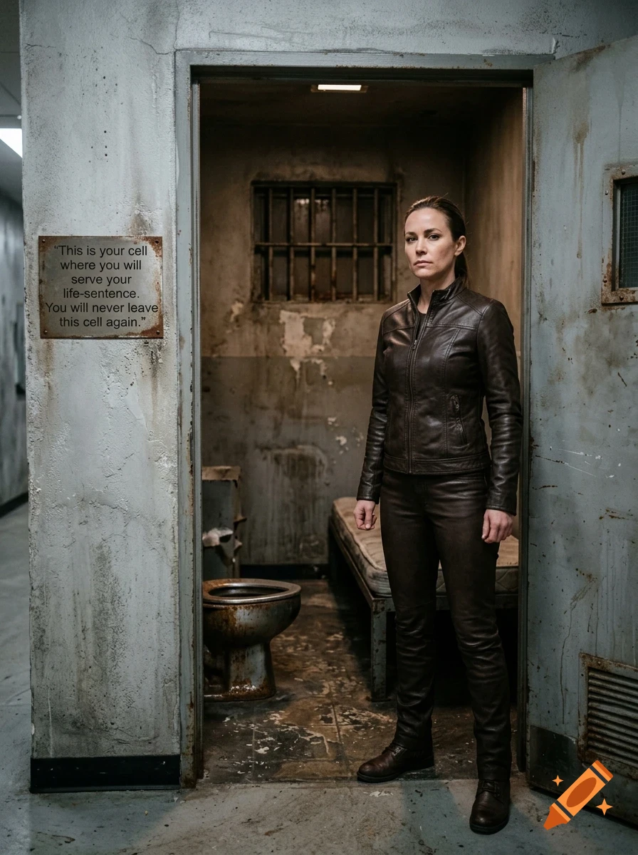 A woman wearing a dark leather jacket and pants stands inside a concrete prison cell doorway, next to a sign on the wall.