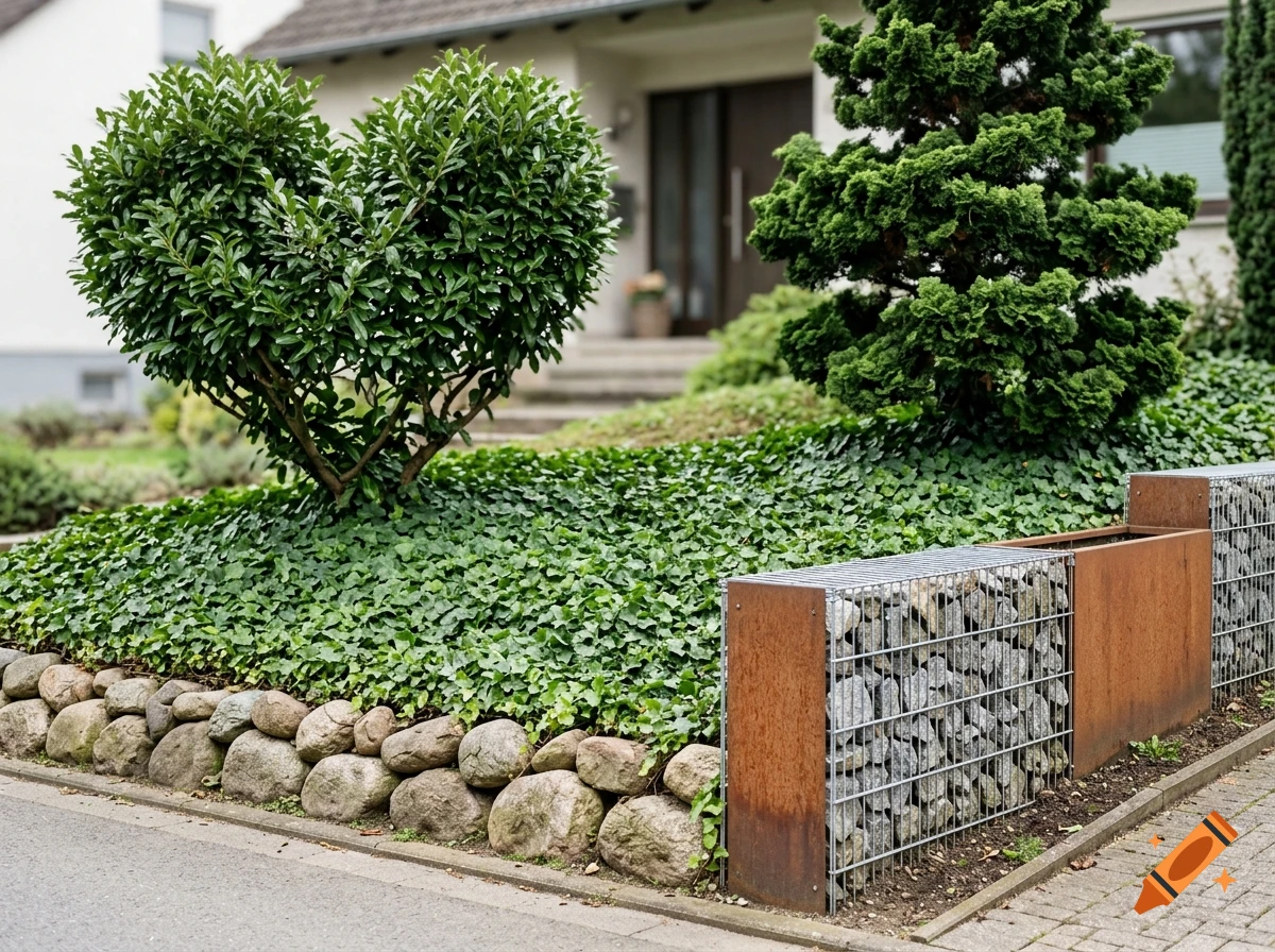 Photorealistic front yard with ivy ground cover, heart-shaped cherry laurel bush, conifer tree, and gabion fence.