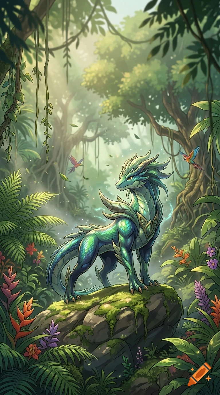 A majestic green fantasy dragon creature stands on a mossy rock in a lush jungle surrounded by trees, ferns, and colorful exotic birds.