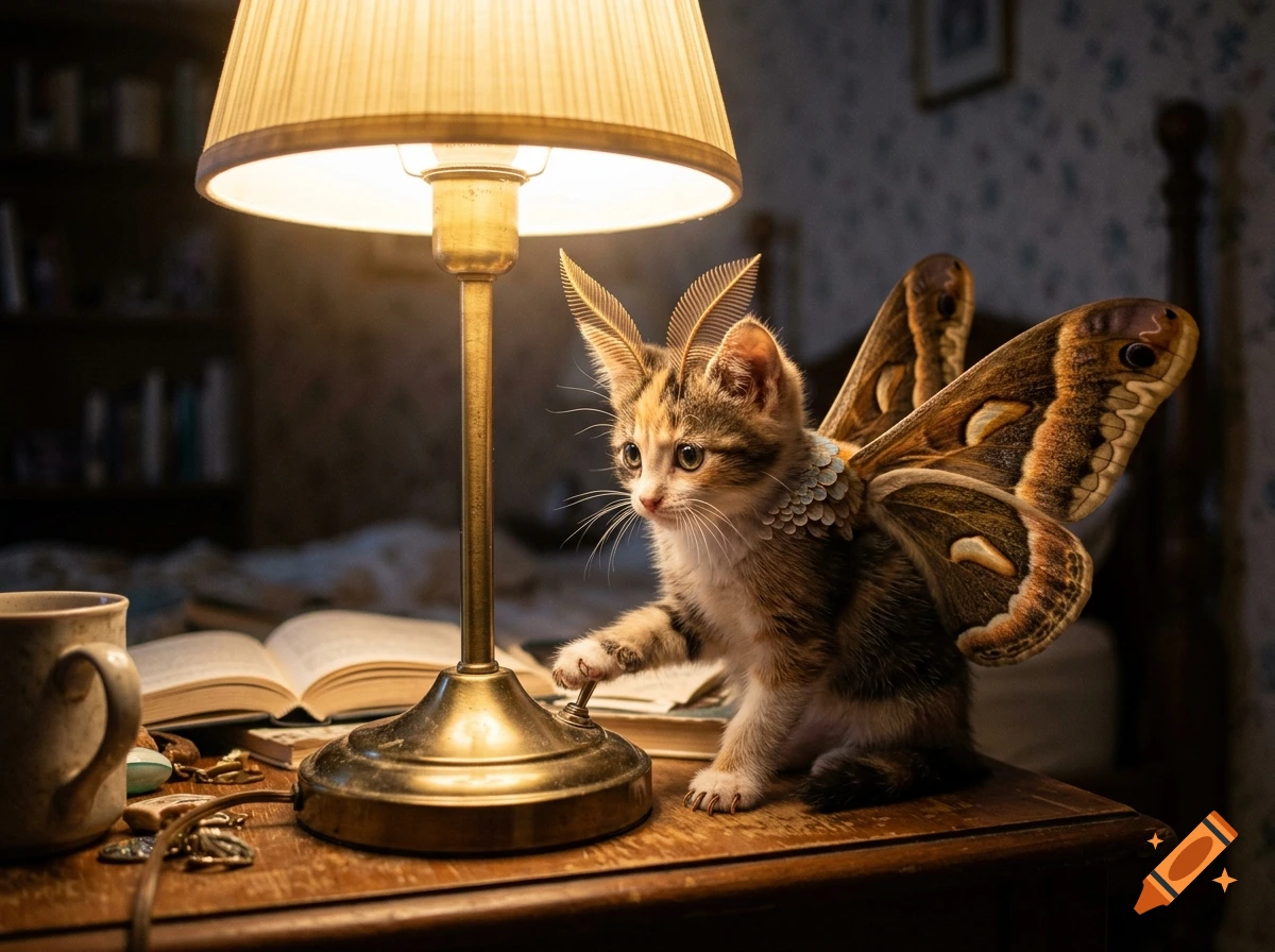 Photorealistic image of a small calico kitten with moth wings sitting on a wooden desk next to a lit lamp and an open book.