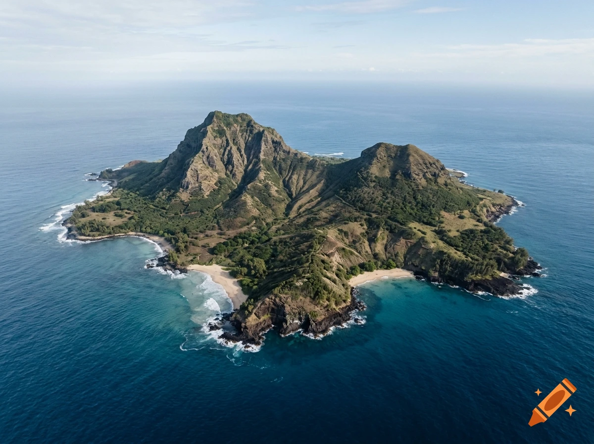 Aerial view of a lush green island with two mountains in the middle of the ocean.