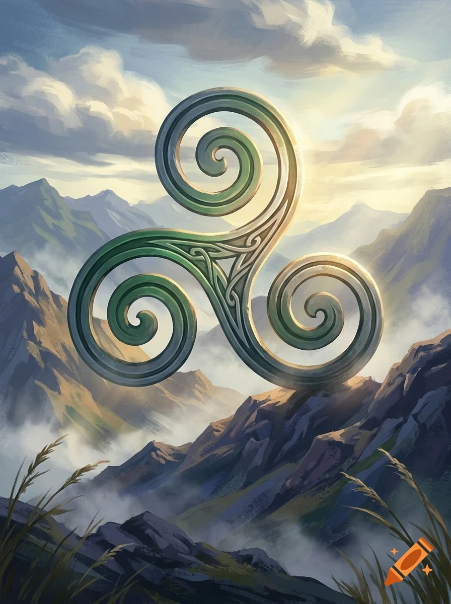 A glowing green Celtic triskele symbol floating above rugged mountain peaks under a cloudy sky.