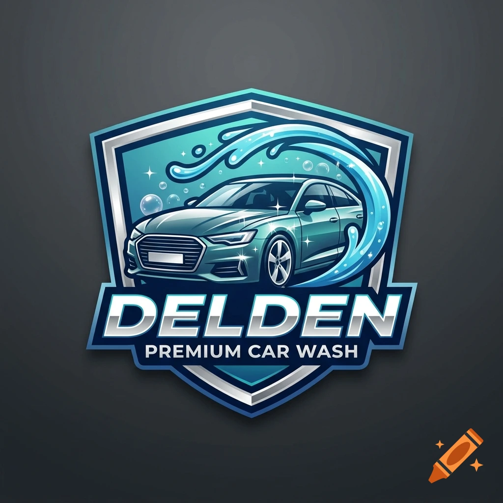 A graphic logo for a car wash featuring a blue car and splashing water inside a shield, with the text 'DELDEN PREMIUM CAR WASH'.