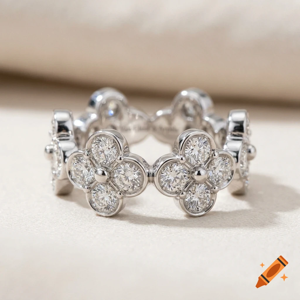 Close-up of a white gold band ring featuring a repeating clover motif set with brilliant-cut diamonds.