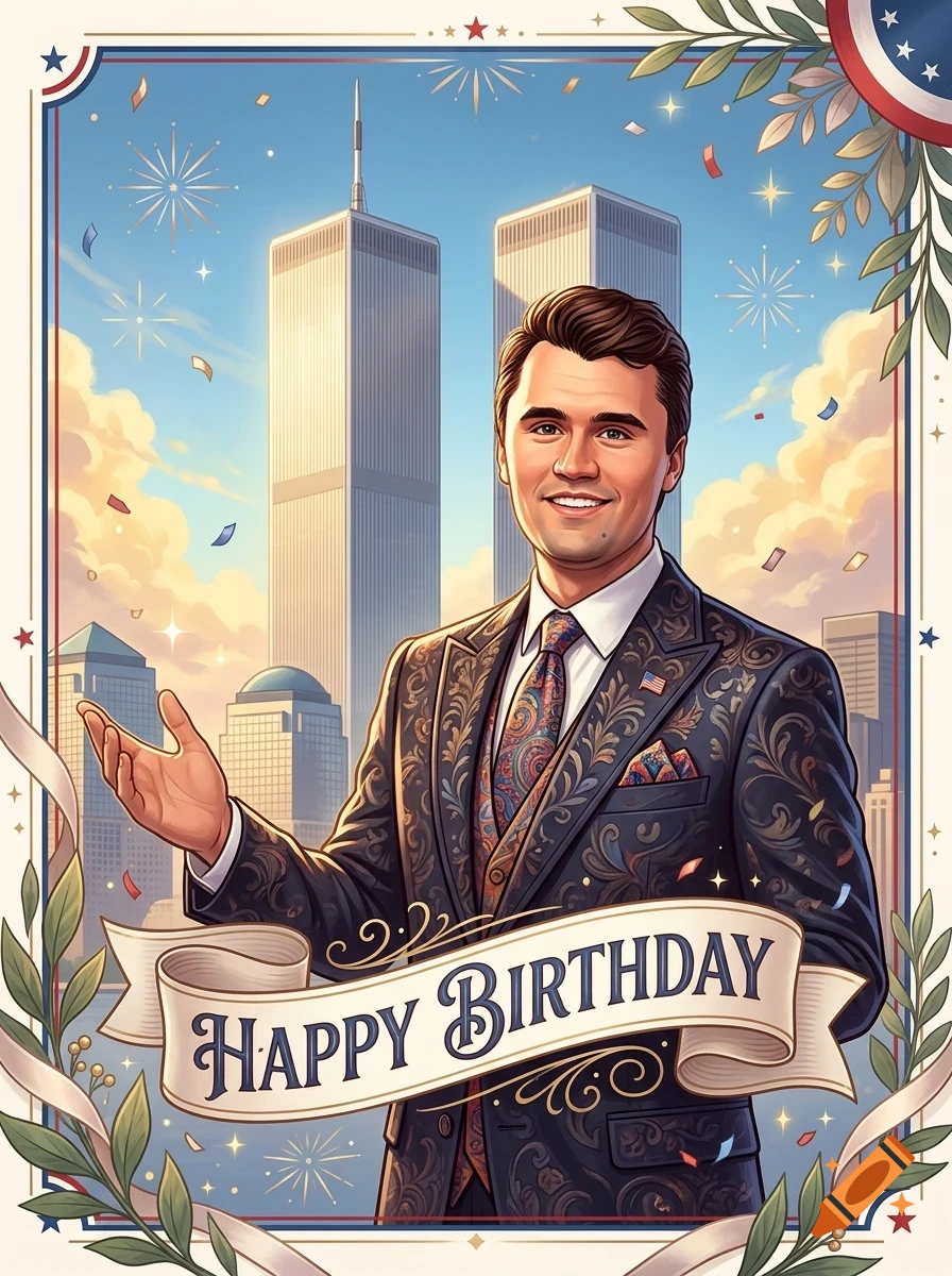An illustrated portrait of a smiling man in a patterned suit against a city skyline with twin towers, fireworks, and a banner that reads HAPPY BIRTHDAY.