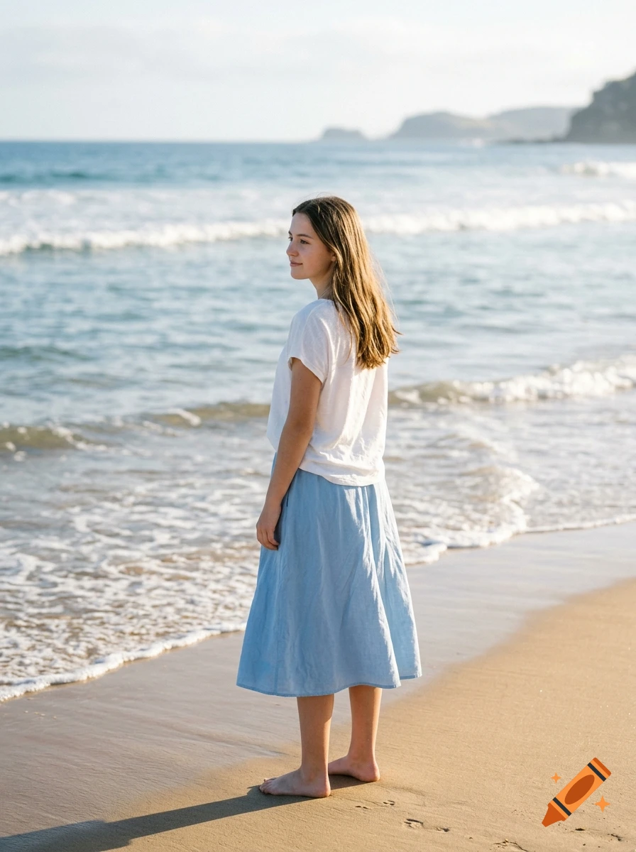 A young woman with long brown hair standing on a sandy beach overlooking the ocean, wearing a white top and blue skirt.