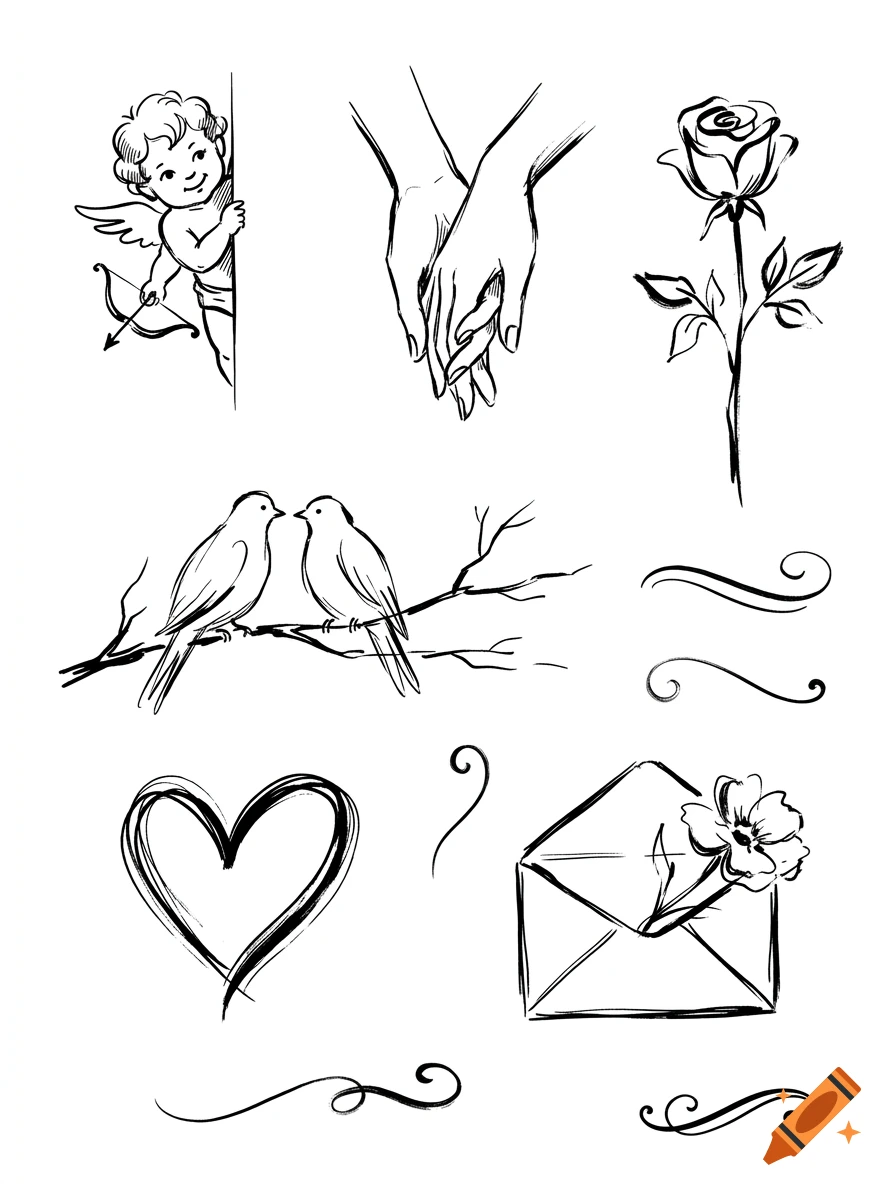 Black and white loose ink sketch set with cupid, holding hands, a rose, birds, a heart, and a love letter.