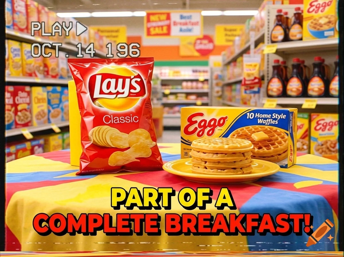 A meme image featuring a bag of Lay's Classic chips and a box and plate of Eggo waffles on a table inside a grocery store, with retro VHS timestamp overlay and text reading 'PART OF A COMPLETE BREAKFAST!'.