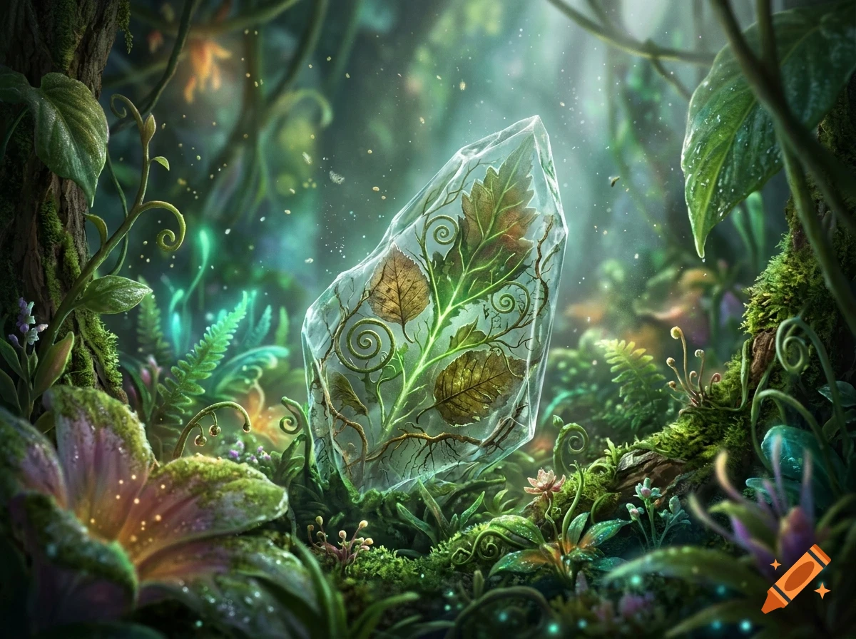 A glowing crystal containing leaves and vines rests in a lush, magical forest surrounded by moss and ferns.