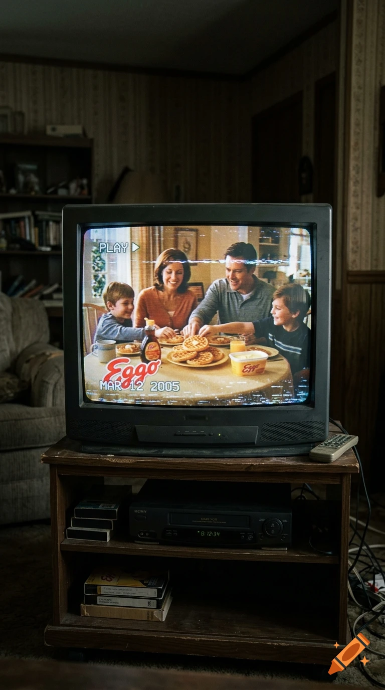 An old CRT television in a living room displaying a 2005 Eggo waffles commercial with VHS scan lines and static.